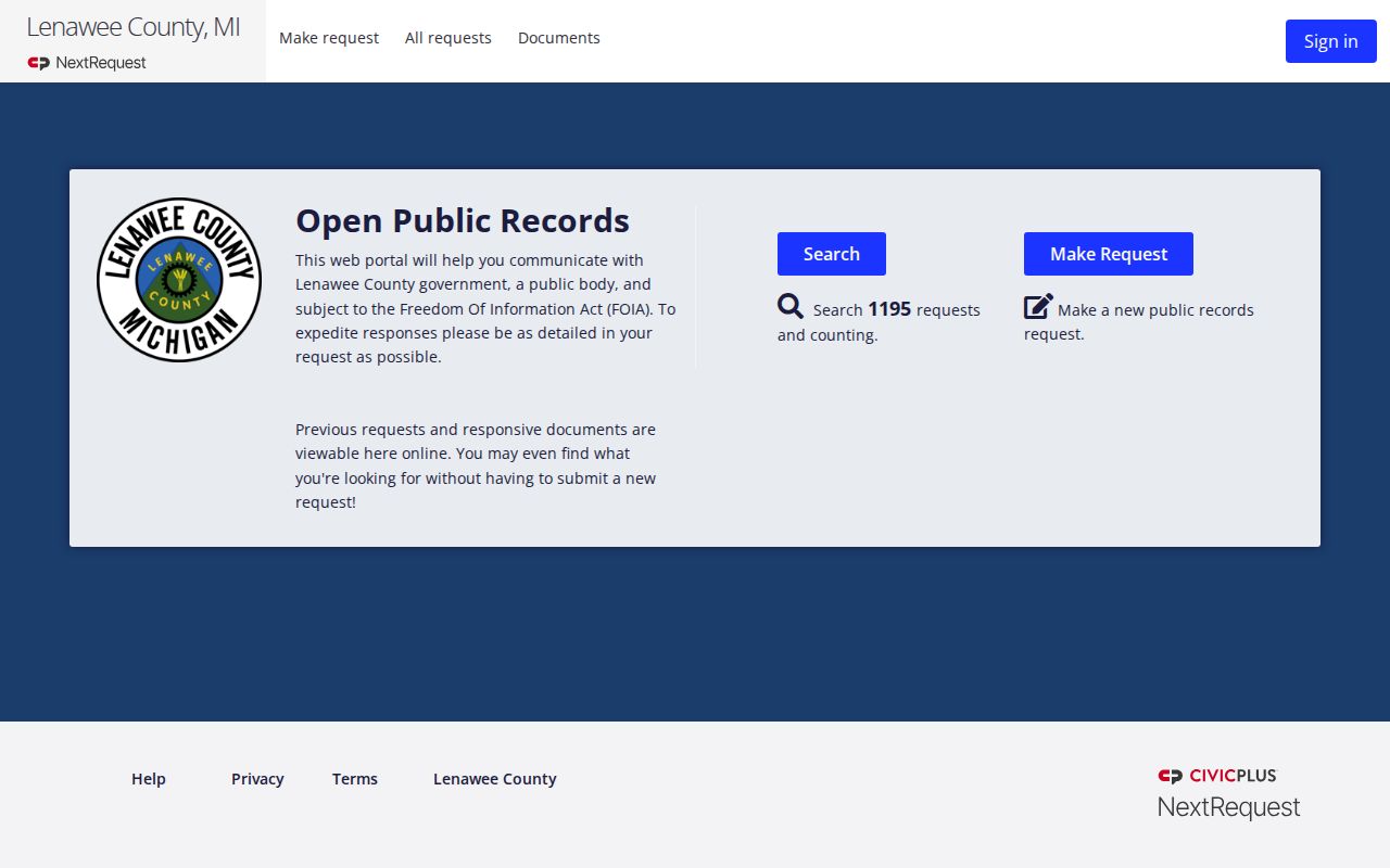 Lenawee County warrant records request portal landing page