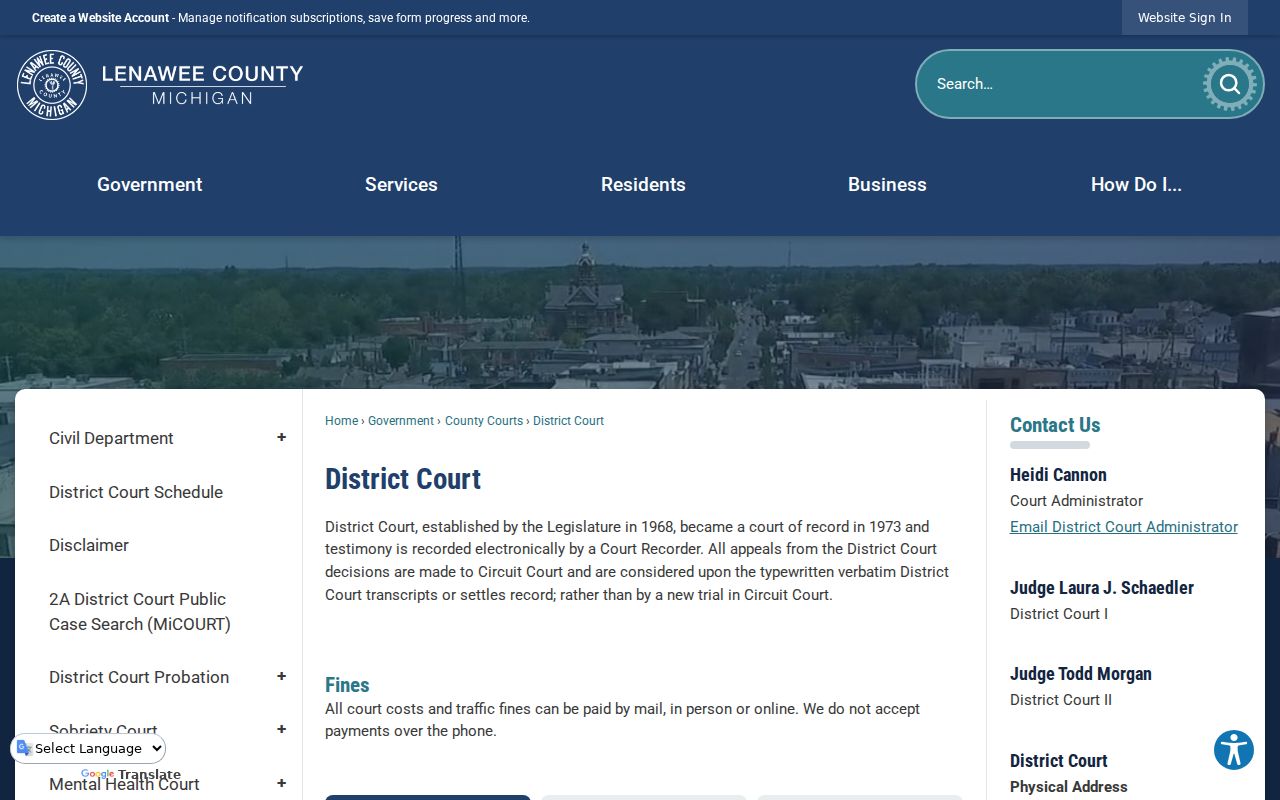 Lenawee County warrant records routing through the 2A District Court page