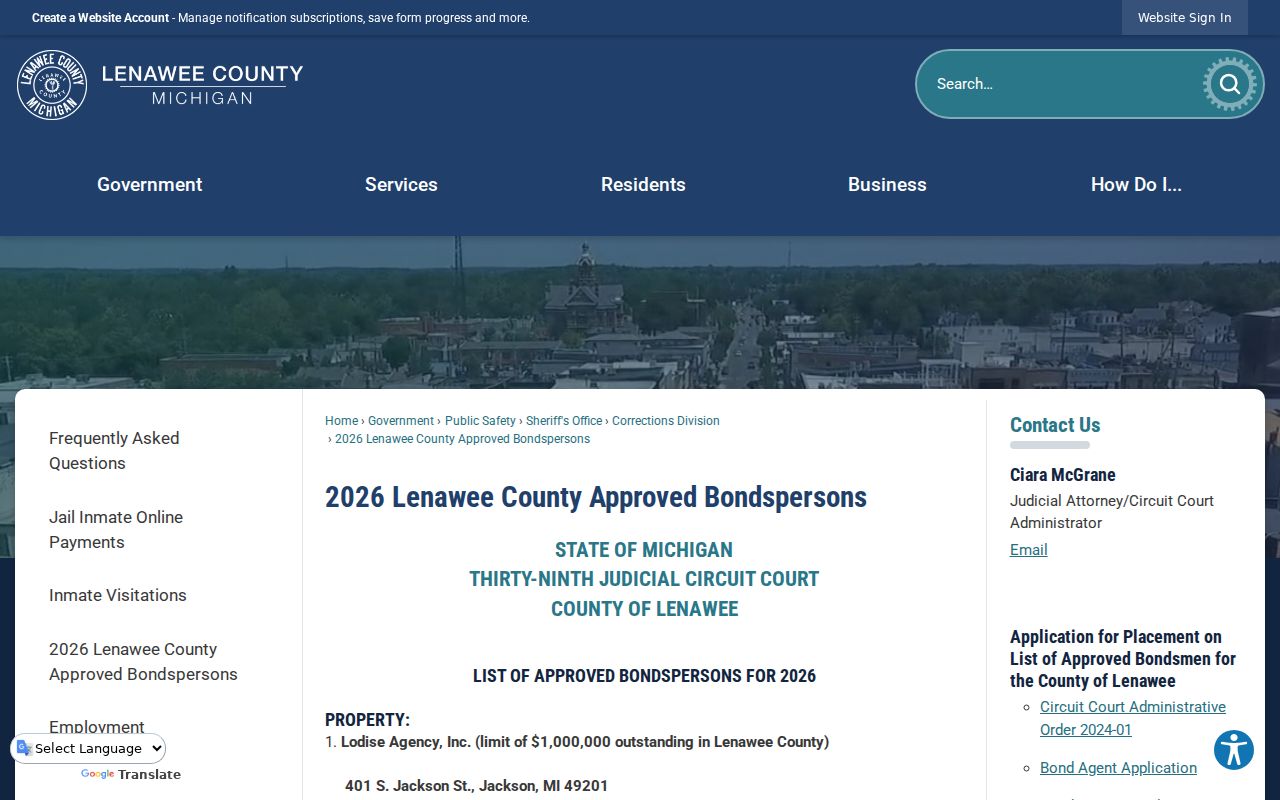 Lenawee County arrest warrant bond options on the approved bondsperson page