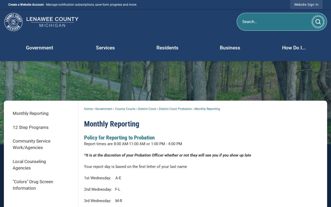 Lenawee County bench warrant policy on the monthly probation reporting page