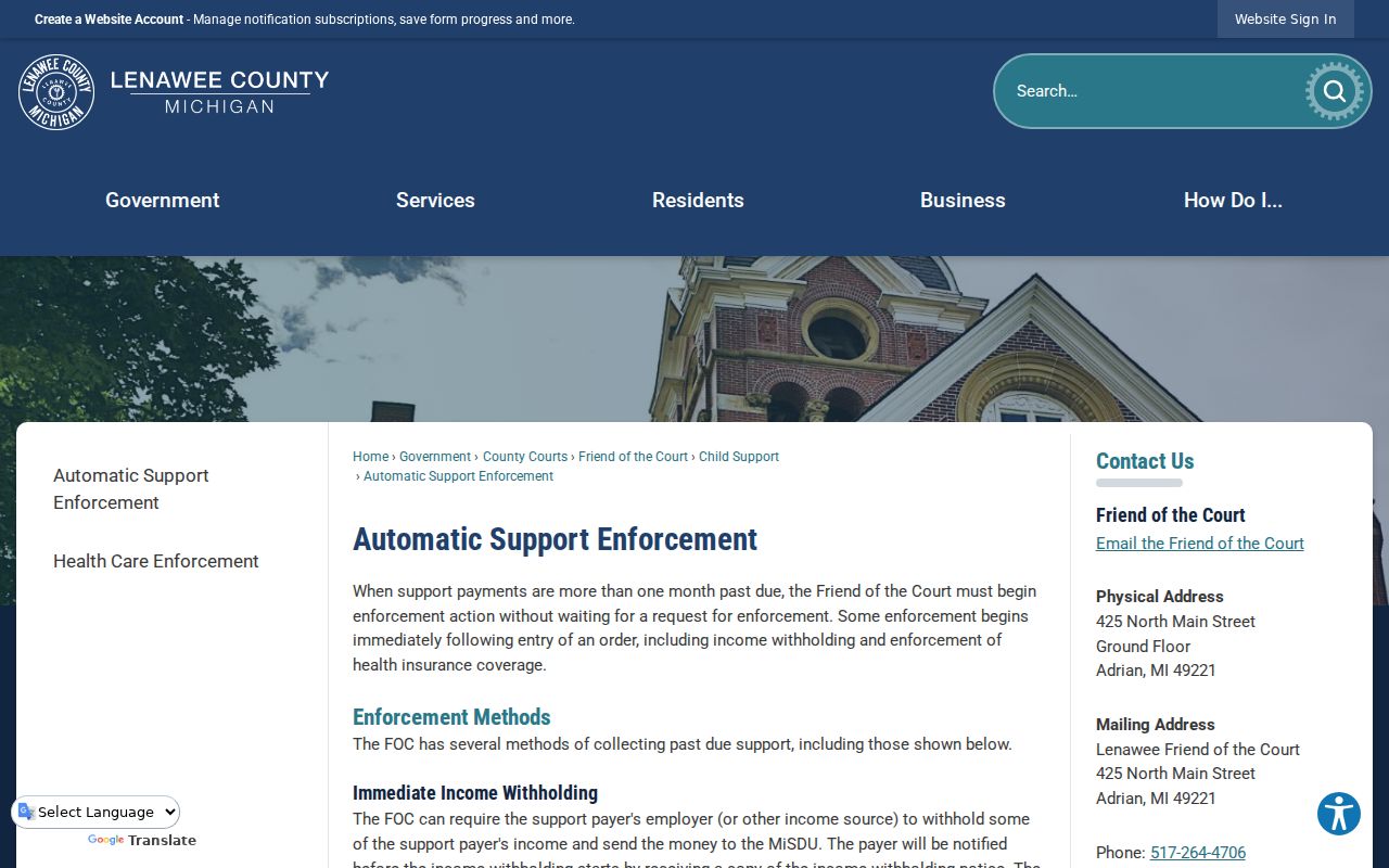Lenawee County bench warrant path through Friend of Court enforcement