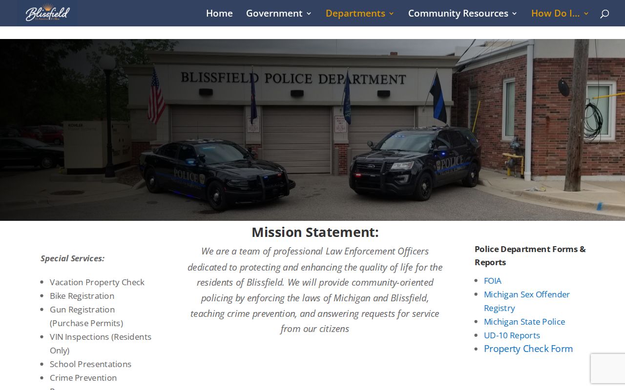Blissfield warrant search contact page for the village police department
