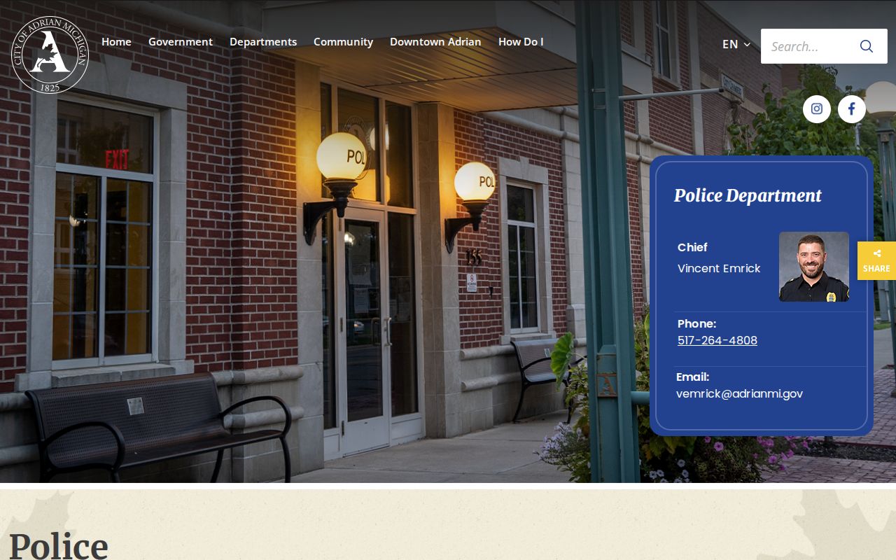 Adrian police contact page used for Adrian warrant records questions
