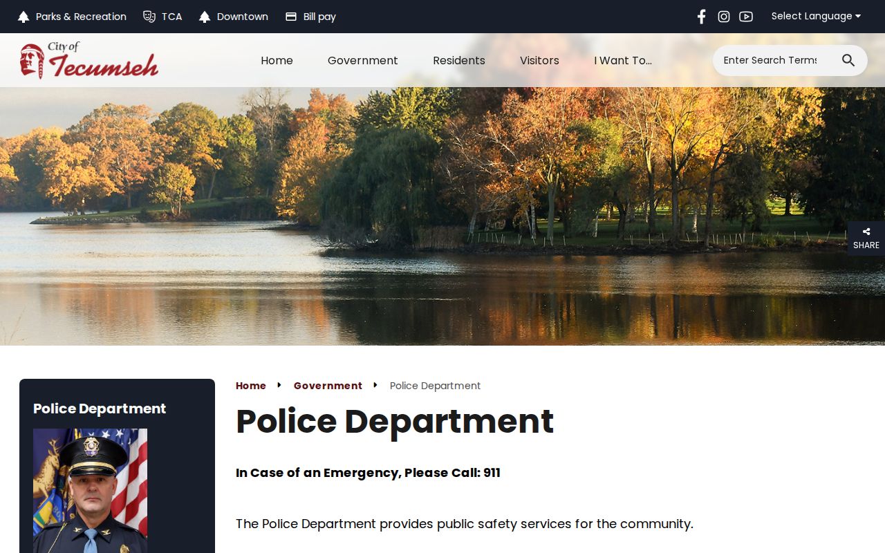 Tecumseh warrant search contact page for the city police department