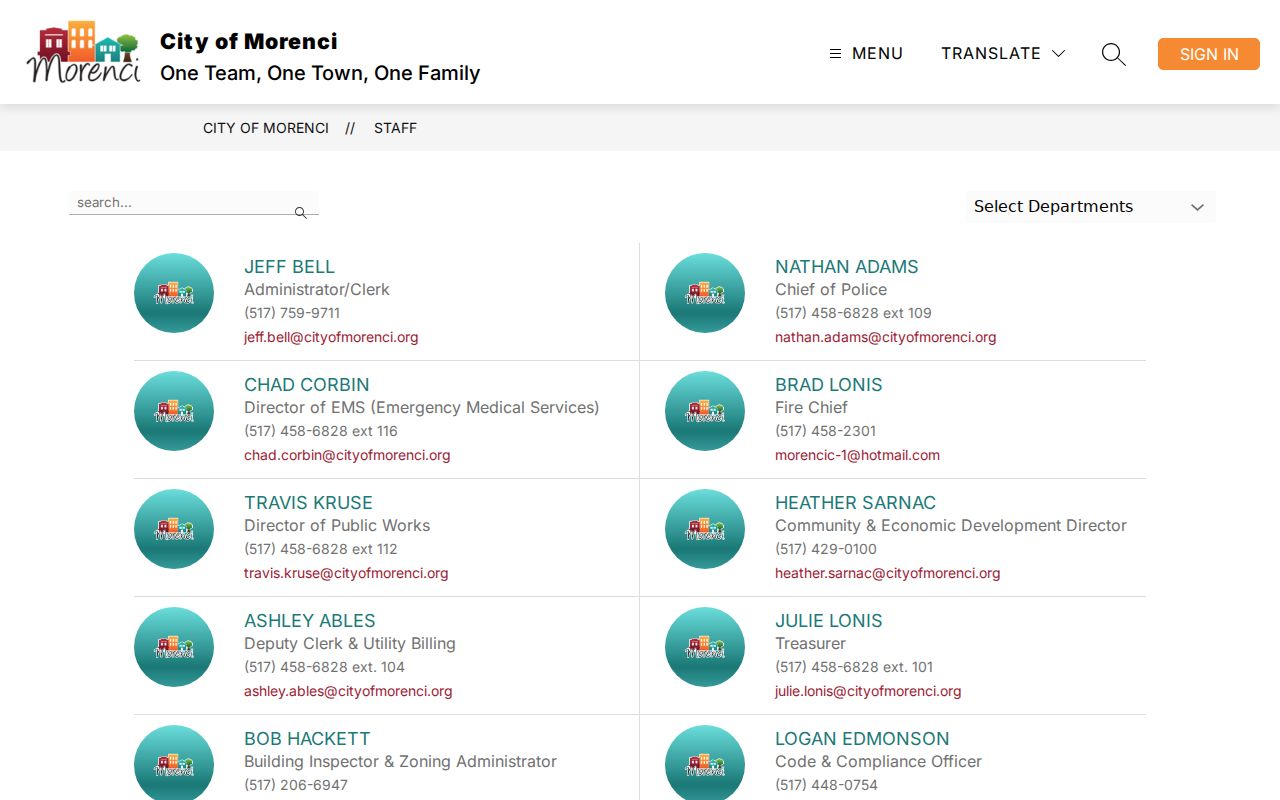 Morenci warrant search contact page listing city staff and the police department