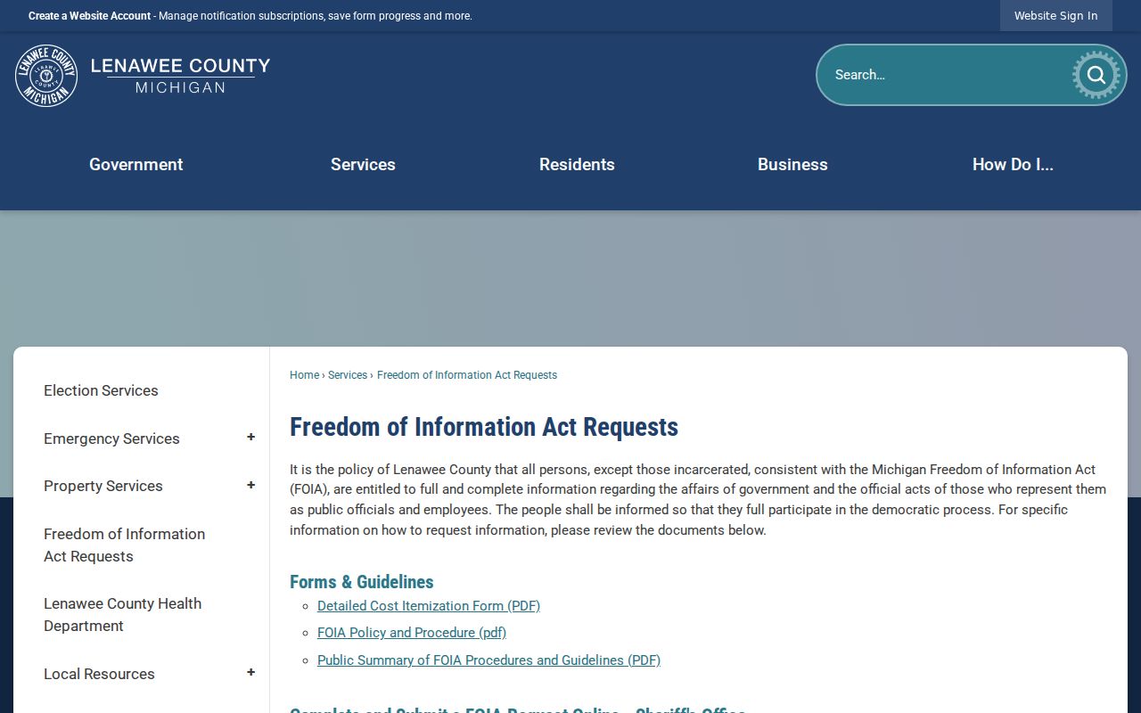 Lenawee County warrant records access through the county FOIA request page